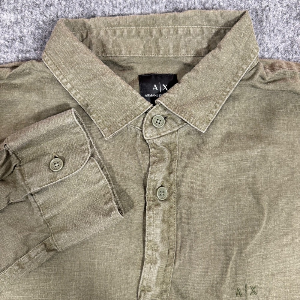 Armani Exchange Button Down Regular Fit Mens L Olive Green 100% Linen EUC Shirt